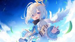 Rule 34 | 1girl, :d, amane kanata, angel wings, armband, blue bow, blue bowtie, blue hair, blue sky, blush, bow, bowtie, chiyonekoko, colored inner hair, day, frilled sleeves, frills, grey jacket, hair between eyes, halo, highres, hololive, jacket, leaf, long sleeves, looking at viewer, multicolored hair, open mouth, pink hair, purple eyes, silver hair, sky, smile, solo, star halo, streaked hair, virtual youtuber, wide sleeves, wings