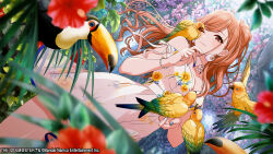 Rule 34 | 1girl, ahoge, arisugawa natsuha, bare shoulders, bird, black eyes, blue nails, blurry, blurry foreground, commentary request, detached sleeves, dress, dutch angle, earrings, floral print, highres, idolmaster, idolmaster shiny colors, jewelry, long hair, looking at viewer, official art, one eye closed, orange hair, parrot, ponytail, short dress, sleeveless, sleeveless dress, white dress