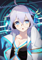 Rule 34 | 1girl, :&lt;, ahoge, black shirt, blue eyes, blush, breasts, cleavage, collarbone, commentary request, copyright request, glasses, hand up, head tilt, headphones, highres, jacket, lightning bolt symbol, long hair, long sleeves, looking at viewer, medium breasts, open beta (vtuber), open clothes, open jacket, parted lips, round eyewear, shirt, silver hair, sleeves past fingers, sleeves past wrists, solo, soupchan, triangle mouth, virtual youtuber, white jacket