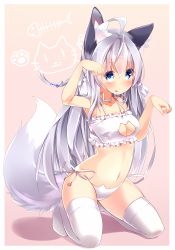 Rule 34 | 1girl, ahoge, animal ear fluff, animal ears, animal print, armpits, arms up, autumn dawn, bell, blue eyes, blush, bra, braid, breasts, cat ear panties, cat lingerie, cat panties, cat print, choker, cleavage, cleavage cutout, clothing cutout, dog ears, gradient background, jingle bell, kneeling, long hair, meme attire, navel, open mouth, original, panties, paw pose, print panties, side-tie panties, silver hair, solo, tail, thighhighs, underwear, underwear only, very long hair, white bra, white panties, white thighhighs