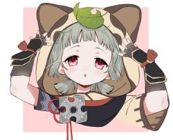 Rule 34 | 1girl, black gloves, blush, child, commentary request, facing viewer, fingerless gloves, genshin impact, gloves, hands up, highres, hood, hoodie, leaf, leaf on head, light brown hair, looking at viewer, open mouth, portrait, purple eyes, raccoon hood, sayu (genshin impact), short hair, short twintails, solo, sushi 171, twintails