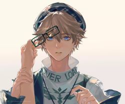 Rule 34 | 1boy, beige background, blue eyes, brown hair, clothes writing, donaldakron, earrings, glasses, hair between eyes, hand on another&#039;s arm, hat, highres, jewelry, lee (punishing: gray raven), looking at viewer, male focus, necklace, off shoulder, out of frame, parted lips, plaid, portrait, pov, pov hands, punishing: gray raven, removing eyewear, short hair, simple background, solo focus, stud earrings, turtleneck