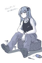 Rule 34 | 1girl, absurdres, blue theme, bow, collarbone, hair bow, highres, hololive, hoshimachi suisei, long hair, looking ahead, monochrome, one side up, pants, screwdriver, shadow, shoes, simple background, sitting, solo, tank top, translation request, virtual youtuber, waju220, wheel, white background