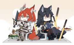 Rule 34 | 2girls, anger vein, animal ears, arknights, armored boots, black bag, black footwear, black gloves, black hair, black pantyhose, black shorts, black thighhighs, blood, book, boots, broken, broken sword, broken weapon, brown eyes, can, chibi, doctor (arknights), dotted background, ear covers, ear piercing, ear tag, earpiece, emphasis lines, fingerless gloves, flametail (arknights), gauntlets, gloves, hair between eyes, highres, holding, holding book, holding sword, holding weapon, injury, jacket, jitome, pantyhose under shorts, mechanical owl, multiple girls, open book, pantyhose, piercing, planted, planted sword, planted weapon, reading, red hair, shadow, shorts, sidelocks, spinach, squirrel ears, squirrel girl, squirrel tail, stab, sword, tail, texas (arknights), thighhighs, v-shaped eyebrows, weapon, white jacket, wolf ears, wolf girl, wolf tail, yellow eyes