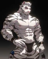 Rule 34 | 1boy, abs, absurdres, arknights, bara, black male underwear, briefs, bulge, facial hair, feet out of frame, furry, furry male, goatee, highres, large pectorals, looking at viewer, male focus, male underwear, mountain (arknights), muscular, muscular male, navel, navel hair, nipples, pectorals, scar, scar across eye, scar on face, short hair, solo, stomach, tail, tail ornament, tail ring, thick eyebrows, thick thighs, thighs, tiger boy, topless male, uiokv, underwear, underwear only, white fur, wristband