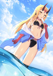 Rule 34 | 1girl, absurdres, bare shoulders, bikini, black bikini, blonde hair, blue jacket, blue sky, breasts, cloud, cloudy sky, day, dutch angle, earrings, facial mark, fate/grand order, fate (series), food, front-tie bikini top, front-tie top, halterneck, highres, holding, horns, ibaraki douji (fate), ibaraki douji (swimsuit lancer) (first ascension) (fate), jacket, jewelry, long hair, looking at viewer, navel, off shoulder, oni horns, open clothes, open jacket, outdoors, pointy ears, popsicle, sidelocks, sky, small breasts, solo, standing, stomach, sunlight, swimsuit, tattoo, thighs, tongue, tongue out, topu, very long hair, wading, water, yellow eyes