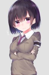 Rule 34 | 1girl, armband, black hair, blush, breasts, cardigan, closed mouth, collared shirt, crossed arms, dress shirt, grey background, hair between eyes, highres, long sleeves, looking at viewer, medium breasts, necktie, neku (neku draw), original, pout, purple eyes, purple hair, red necktie, school uniform, shirt, short hair, simple background, sleeves past wrists, solo, upper body, white shirt, wing collar
