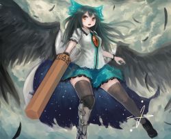 Rule 34 | 1girl, arm cannon, black hair, black thighhighs, black wings, bracelet, cape, feathers, full body, hair ornament, hair ribbon, jewelry, long hair, looking to the side, mihato senba, open mouth, puffy sleeves, red eyes, reiuji utsuho, ribbon, shirt, short sleeves, skirt, slit pupils, smile, solo, thighhighs, third eye, touhou, weapon, wings, zettai ryouiki