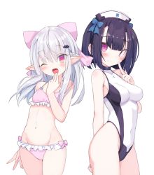 Rule 34 | 2girls, absurdres, armadillon, bare shoulders, bat hair ornament, bikini, black hair, blue bow, blunt bangs, blush, bow, braid, breasts, collarbone, covered navel, cowboy shot, fang, finger to mouth, frilled bikini, frills, hair bow, hair ornament, hairclip, hand to own mouth, hat, highres, long hair, looking at viewer, medium breasts, multiple girls, navel, nurse cap, one-piece swimsuit, open mouth, original, pink bow, pink eyes, pointy ears, red eyes, short hair, silver hair, simple background, slit pupils, small breasts, smile, swimsuit, turtleneck, white background