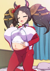 Rule 34 | 1girl, :d, = =, animal ears, big belly, big hair, blush, breasts, drill hair, fang, highres, horse ears, horse girl, huge breasts, isemagu, jacket, kneeling, long hair, marvelous sunday (umamusume), midriff, navel, on bed, open clothes, open jacket, open mouth, partially unzipped, shortstack, sleeves past wrists, smile, solo, sweatdrop, track suit, twin drills, twintails, umamusume