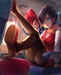 Rule 34 | 1girl, :o, absurdres, airplane interior, ascot, blue eyes, brown hair, brown pantyhose, butterfly hair ornament, chiaku, flight attendant, foreshortening, hair ornament, hair up, hat, unworn hat, unworn headwear, high heels, highres, holding, holding clothes, holding hat, legs up, lens flare, lipstick, looking at viewer, makeup, original, panties, pantyhose, pantyshot, pencil skirt, shoes, sitting, skirt, solo, travel attendant, underwear, uniform