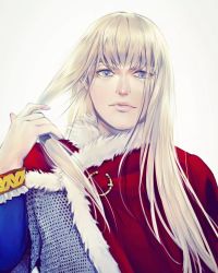 Rule 34 | 1boy, androgynous, armor, blonde hair, blue eyes, canute, cape, chainmail, fur, fur collar, fur trim, highres, lips, long hair, looking at viewer, male focus, ornament, prince, red cape, shiny skin, sidelocks, simple background, viking, vinland saga