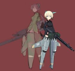 Rule 34 | 2girls, armor, armored boots, back-to-back, blonde hair, blue eyes, boots, commentary, erica hartmann, gertrud barkhorn, gun, holding, holding gun, holding weapon, looking at viewer, looking back, machine gun, military, military uniform, multiple girls, p.1101, shimada fumikane, simple background, standing, strike witches, uniform, weapon, world witches series