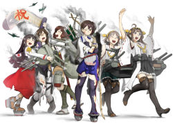 Rule 34 | 10s, 6+girls, aircraft, airplane, armor, ashigara (kancolle), bearclaw, black hair, blood, blood on face, bow (weapon), breastplate, brown eyes, brown hair, hairband, hiei (kancolle), hiyou (kancolle), hug, injury, ise (kancolle), japanese clothes, kaga (kancolle), kantai collection, katana, kongou (kancolle), long hair, multiple girls, pantyhose, personification, quiver, sandals, short hair, side ponytail, simple background, smile, smoke, sword, thighhighs, torn clothes, torn legwear, turret, weapon, white background, zouri