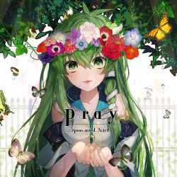 Rule 34 | 1girl, bare shoulders, blue flower, breasts, bug, butterfly, collarbone, commentary request, daimaou ruaeru, detached sleeves, english text, flower, frog hair ornament, green eyes, green hair, hair between eyes, hair ornament, hair tubes, head wreath, highres, insect, kochiya sanae, leaf, lips, long hair, long sleeves, looking at viewer, medium breasts, monarch butterfly, nail polish, nemophila (flower), orange flower, pink flower, pink lips, pink nails, plant, purple flower, rose, shirt, sidelocks, sleeveless, sleeveless shirt, snake hair ornament, solo, touhou, upper body, water drop, white background, white flower, white rose, white shirt, wide sleeves