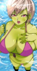 Rule 34 | 1girl, absurdres, alien, bikini, breast suppress, breasts, caustics, cheelai, cleavage, colored skin, dragon ball, dragon ball super, dragon ball super broly, eyelashes, facing viewer, feet out of frame, front-tie bikini top, front-tie top, green skin, highres, huge breasts, kinakomochi (user vedc2333), large breasts, lens flare, light blush, looking at viewer, navel, plump, purple bikini, purple eyes, short hair, skindentation, solo, swimsuit, wading