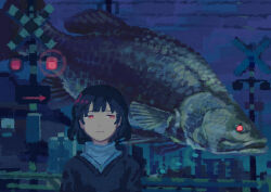 Rule 34 | 1girl, :|, absurdres, animal, arrow (symbol), black hair, black sweater, blue sky, bright pupils, closed mouth, commentary, english commentary, fish, flying fish, grey shirt, highres, jewelry, katakai, looking to the side, original, oversized animal, pendant, power lines, railroad crossing, red eyes, shirt, short hair, sky, solo, sweater, upper body, utility pole, v-neck, white pupils