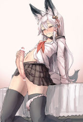 Rule 34 | 1girl, animal ears, bar censor, bee (deadflow), black skirt, black thighhighs, blouse, blush, breasts, breasts out, censored, clenched teeth, erection, fox ears, fox tail, full-face blush, futanari, hair between eyes, half-closed eyes, heavy breathing, highres, indoors, kneeling, large penis, leaning back, leaning on object, long hair, long sleeves, navel, nipples, no bra, no panties, nose blush, panties, panties around leg, penis, pleated skirt, red eyes, school uniform, serafuku, shirt, skirt, small breasts, solo, sweat, tail, teeth, thighhighs, tsurime, underwear, veins, veiny penis, white hair, white panties, white shirt