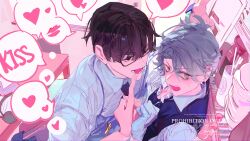 2boys 356migoro absurdres alien_stage apron artist_name black_eyes black_hair black_necktie black_vest blue_apron blush chinese_commentary collared_shirt commentary cup finger_to_mouth from_above glasses gloves green_eyes grey_hair heart highres ivan_(alien_stage) male_focus multiple_boys necktie open_mouth shirt short_hair small_sweatdrop spoken_heart spoken_lipstick_mark table till_(alien_stage) very_short_hair vest watch white_gloves white_shirt wristwatch yaoi