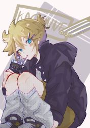 Rule 34 | 1boy, 6760yama, bass clef, black jacket, blonde hair, blue eyes, character name, commentary, eating, english commentary, food, hair between eyes, hair ornament, hairclip, highres, holding, holding food, hood, hood down, jacket, kagamine len, leg warmers, looking at viewer, male focus, short ponytail, shorts, sitting, solo, tagme, vocaloid, yellow shorts