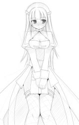 Rule 34 | 1girl, arch bishop (ragnarok online), blush, breasts, cleavage, greyscale, large breasts, long hair, monochrome, ragnarok online, simple background, sketch, solo, thighhighs, traditional media