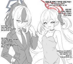 Rule 34 | 2girls, bare arms, blue archive, breasts, choker, closed mouth, collared shirt, dress, formal, grin, hair between eyes, halo, hand in pocket, hand up, high ponytail, highres, horns, jacket, kayoko (blue archive), korean text, long hair, long sleeves, looking at viewer, multiple girls, mutsuki (blue archive), mutsuki (dress) (blue archive), necktie, red halo, samess 333, shirt, side ponytail, simple background, sleeveless, sleeveless dress, small breasts, smile, spot color, suit, translation request, very long hair, white background