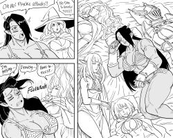 Rule 34 | 5girls, absurdres, armor, bb (baalbuddy), bikini armor, breasts, cleavage, closed eyes, commentary, commission, dark-skinned female, dark skin, drooling, english commentary, english text, female focus, greyscale, hat, helm, helmet, highres, large breasts, monochrome, mouth drool, multiple girls, open mouth, original, parted lips, pelvic curtain, shortstack, sleeping, smile, underboob, white background, wide-eyed, winged helmet, witch hat