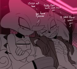 Rule 34 | 2boys, absurdres, crossdressing, crossed arms, crossed legs, espio the chameleon, furry, furry male, furry with furry, highres, jacket, leather, leather jacket, multiple boys, pectoral cleavage, pectorals, scar, scar on chest, scourge the hedgehog, sharp teeth, smile, sonic (series), tail, teeth, toned, toned male, toodamncycle, yaoi
