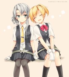 Rule 34 | 10s, 2girls, :d, ^ ^, asymmetrical hair, black gloves, black skirt, black socks, blonde hair, bow, bowtie, character name, closed eyes, collared shirt, flipped hair, gloves, grey eyes, hands on own knees, kantai collection, kneehighs, kubyou azami, maikaze (kancolle), multiple girls, necktie, nowaki (kancolle), open clothes, open mouth, open vest, pantyhose, pleated skirt, ponytail, school uniform, shirt, short hair, short ponytail, silver hair, sitting, skirt, smile, socks, swept bangs, tie clip, vest, white gloves, yellow necktie