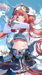 Rule 34 | 1girl, absurdres, aqua eyes, bare shoulders, blue bow, blue gemstone, blue nails, blue sky, blush, bow, brooch, circlet, cloud, cowboy shot, crop top, dancer, day, fake horns, gem, genshin impact, gold trim, harem outfit, highres, horns, jewelry, long hair, long sleeves, looking at viewer, low twintails, navel, nilou (genshin impact), outdoors, parted bangs, parted lips, puffy long sleeves, puffy sleeves, red hair, skirt, sky, smile, solo, stomach, thighs, ttorong, twintails, two-sided fabric, two-sided veil, veil, water, water drop, x arms