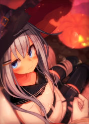 Rule 34 | 1girl, bad id, bad pixiv id, bandaged leg, bandages, black thighhighs, blue eyes, blush, commentary, gloves, hair ornament, hairclip, halloween, hat, hibiki (kancolle), highres, jack-o&#039;-lantern, kantai collection, long hair, long sleeves, out of frame, pleated skirt, pumpkin, reitou mikan, school uniform, serafuku, silver hair, sitting, skirt, smile, thighhighs, torn clothes, torn hat, verniy (kancolle), white gloves, witch hat