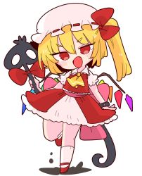 Rule 34 | 1girl, ascot, blonde hair, bow, crystal, fang, flandre scarlet, frilled shirt collar, frills, full body, hat, hat ribbon, highres, laevatein (touhou), medium hair, mob cap, one side up, op na yarou, open mouth, pink sash, puffy short sleeves, puffy sleeves, red bow, red eyes, red ribbon, red skirt, red vest, ribbon, sash, shirt, short sleeves, simple background, skirt, solo, touhou, vest, white background, white hat, white shirt, wings, yellow ascot