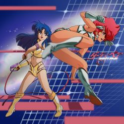 Rule 34 | 1980s (style), 2girls, ass, blue eyes, blue hair, boots, commentary, copyright name, dark-skinned female, dark skin, dirty pair, elbow gloves, english commentary, fritz willie, gloves, hair behind ear, hairband, high heel boots, high heels, highres, holding, holding whip, kei (dirty pair), logo, long hair, multiple girls, navel, oldschool, open mouth, red hair, retro artstyle, short hair, smile, white footwear, white gloves, white hairband, yellow footwear, yellow gloves, yuri (dirty pair)
