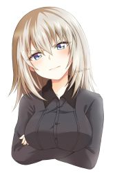 Rule 34 | 10s, 1girl, angry, blue eyes, closed mouth, commentary, cropped torso, crossed arms, dress shirt, frown, girls und panzer, grey shirt, highres, itsumi erika, kuromorimine school uniform, long hair, long sleeves, looking at viewer, parda siko, school uniform, shirt, silver hair, simple background, solo, twitter username, upper body, v-shaped eyebrows, white background, wing collar