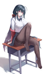 Rule 34 | 1girl, absurdres, ahoge, arm at side, azur lane, black hair, black pantyhose, black skirt, breasts, closed mouth, collared shirt, commentary, crossed bangs, desk, dot nose, feet, frilled skirt, frills, full body, hair between eyes, hair ornament, hair ribbon, highres, kaijiba, knee up, large breasts, long hair, looking afar, off shoulder, official alternate costume, pantyhose, red eyes, red ribbon, ribbon, shadow, shirt, sidelocks, simple background, skirt, solo, symbol-only commentary, taihou (azur lane), taihou (sweet time after school) (azur lane), thighs, toes, uniform, very long hair, white background, white shirt, white sleeves