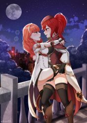 Rule 34 | 2girls, after kiss, anna (fire emblem), arm around back, arms around neck, balcony, bare shoulders, black gloves, black legwear, blush, boots, brown footwear, cape, castle, celica (fire emblem), choker, cloak, cloud, cloudy sky, collar, diadem, dress, earrings, fingerless gloves, fire emblem, fire emblem echoes: shadows of valentia, fire emblem gaiden, fire emblem warriors, full moon, gloves, hat, high heel boots, high heels, highres, holding leg, intelligent systems, jewelry, kiss, leg up, long hair, looking at another, married, moon, multiple girls, night, night sky, nintendo, onasu1011, orange eyes, orange hair, ponytail, pouch, princess, queen, red cape, red cloak, red eyes, red hair, ring, saliva, saliva trail, sky, smile, star (sky), starry sky, sweat, thigh pouch, thighhighs, thighs, tiara, tongue, tongue out, tree, wedding band, wedding ring, white cape, white dress, white footwear, white gloves, wife and wife, yuri
