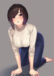 Rule 34 | 1girl, all fours, barefoot, beige sweater, blush, breasts, brown eyes, brown hair, denim, grey background, highres, jeans, kagematsuri, large breasts, mole, mole under eye, open mouth, original, pants, ribbed sweater, short hair, solo, sweater, swept bangs, turtleneck, turtleneck sweater