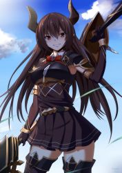 Rule 34 | 10s, 1girl, armor, armpit peek, belt, blush, bow, bowtie, bracelet, breasts, brooch, brown dress, brown eyes, brown gloves, brown hair, brown thighhighs, cowboy shot, draph, dress, dual wielding, elbow gloves, forte (shingeki no bahamut), gloves, granblue fantasy, grin, holding, horns, jewelry, lance, large breasts, long hair, looking at viewer, pauldrons, pointy ears, polearm, red bow, red bowtie, shingeki no bahamut, shiseki hirame, short dress, shoulder armor, smile, solo, thighhighs, weapon