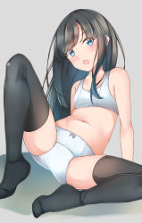 Rule 34 | 1girl, :o, asashio (kancolle), bare arms, bare shoulders, black hair, black thighhighs, blue eyes, blush, bow, bow bra, bow panties, bra, collarbone, comah, commentary request, grey background, highres, kantai collection, knee up, long hair, looking at viewer, navel, no shoes, open mouth, panties, solo, thighhighs, underwear, underwear only, very long hair, white bra, white panties
