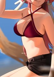 Rule 34 | 1girl, absurdres, arm up, bare arms, bare shoulders, bikini, black shorts, breasts, cleavage, criss-cross halter, genshin impact, halterneck, head out of frame, highres, horns, long hair, medium breasts, navel, open fly, parted lips, pink hair, red bikini, short shorts, shorts, solo, stomach, swimsuit, wusie2, yanfei (genshin impact)