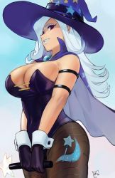 Rule 34 | 1girl, armlet, black pantyhose, blue background, blue hair, breasts, cape, cleavage, cowboy shot, gloves, gradient background, hat, highres, large breasts, leotard, lips, lipstick, long hair, looking at viewer, makeup, my little pony, my little pony: friendship is magic, overlord jc, pantyhose, playboy bunny, purple gloves, red eyes, smile, solo, trixie lulamoon, wand, wizard hat, wrist cuffs