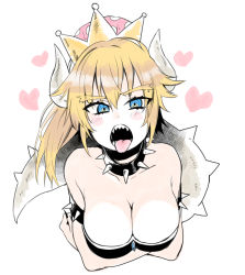 Rule 34 | 1girl, armlet, blonde hair, blue eyes, blush, bowsette, breasts, cleavage, collar, cropped torso, danimaru, heart, highres, horns, large breasts, long hair, looking at viewer, mario (series), new super mario bros. u deluxe, nintendo, sharp teeth, simple background, solo, spiked armlet, spiked collar, spikes, super crown, tail, teeth, tongue, tongue out, white background