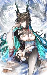 Rule 34 | black hair, black pantyhose, breasts, cleavage, closed mouth, crossed legs, dragon, dragon girl, dragon horns, granblue fantasy, green hair, hair ornament, highres, horns, large breasts, long hair, long sleeves, looking at viewer, mole, mole under mouth, multicolored hair, nabeji (wata nb), pantyhose, payila (granblue fantasy), red eyes, sitting, smile
