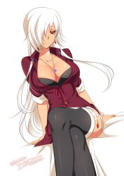 Rule 34 | 1girl, black bra, black thighhighs, bra, breasts, closed mouth, crossed legs, dated, dress, hair over one eye, jewelry, konshin, large breasts, long hair, necklace, one eye covered, original, red dress, signature, simple background, sitting, sleeves past wrists, smile, solo, thighhighs, underwear, white background