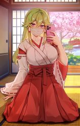 Rule 34 | 1girl, breasts, cellphone, foxyreine, genshin impact, green hair, hair ornament, hair tubes, hand up, highres, holding, holding phone, indoors, japanese clothes, kneeling, kuki shinobu, large breasts, long hair, long sleeves, looking at viewer, mask, miko, mouth mask, phone, purple eyes, selfie, shouji, sliding doors, smartphone, solo, surgical mask, taking picture, wide sleeves