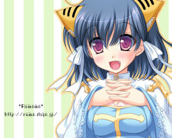Rule 34 | 1girl, :d, animal ears, arch bishop (ragnarok online), black hair, blue dress, blush, breasts, chinese zodiac, cleavage, cleavage cutout, clothing cutout, commentary request, cross, dress, eyes visible through hair, fang, furukawa lemon, green background, hair between eyes, interlocked fingers, looking at viewer, medium breasts, open mouth, own hands together, purple eyes, ragnarok online, short hair, smile, solo, striped, striped background, tiger ears, two-tone dress, upper body, watermark, web address, white background, white dress, year of the tiger