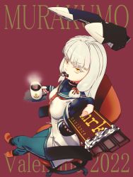 Rule 34 | 1girl, anchor symbol, black gloves, black shirt, blouse, blue pants, chair, character name, chocolate, collared shirt, commentary request, cup, dress, eating, english text, exuvia, floating headgear, food, gloves, hair ribbon, headgear, highres, holding, holding chocolate, holding cup, holding food, kantai collection, long hair, murakumo (kancolle), necktie, office chair, orange hair, pants, partially fingerless gloves, purple background, red footwear, red necktie, red ribbon, ribbon, romaji text, sailor dress, shirt, sidelocks, silver hair, swivel chair, tress ribbon, valentine