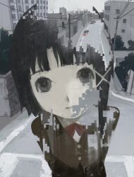 Rule 34 | 1girl, abstract, absurdres, alternate color, alternate eye color, alternate hair color, arms behind back, black eyes, black hair, blazer, bow, bowtie, brown jacket, building, bush, buttons, car, crosswalk, dissolving, empty eyes, grey sky, hair ornament, highres, iwakura lain, jacket, leaning forward, light smile, looking at viewer, medium bangs, medium hair, motor vehicle, outdoors, overcast, perspective, power lines, red bow, red ribbon, ribbon, road, school uniform, serial experiments lain, single sidelock, skirt, sky, smile, solo, street, surreal, upper body, woshihuyi, x hair ornament