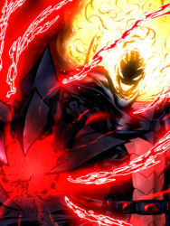 Rule 34 | 1boy, :d, belt, black cape, cape, claws, demon, dormammu, energy, fire, foreshortening, glowing, gradient background, jin (mugenjin), looking at viewer, magic, male focus, marvel, marvel vs. capcom, marvel vs. capcom 3, open mouth, outstretched arm, red background, simple background, smile, solo, upper body