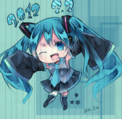 Rule 34 | 10s, 1girl, 2012, bad id, bad pixiv id, blue eyes, blue hair, chibi miku, dated, detached sleeves, fang, hatsune miku, lined paper, long hair, matching hair/eyes, mihatarou, necktie, skirt, sleeves past wrists, solo, star (symbol), thighhighs, twintails, vocaloid, wink